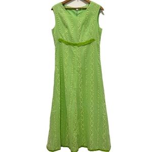 Vintage 60s Textured Chartreuse Green Empire Waist Maxi Dress Sleeveless Daisy